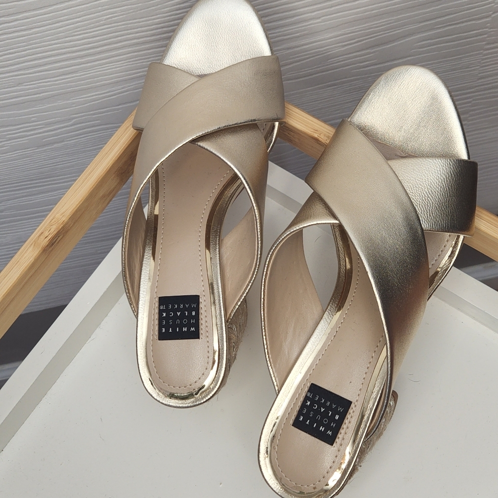 White House Black Market Winslow Gold Leather Slide Sandals Rope Heel Mule 7M - Picture 9 of 11